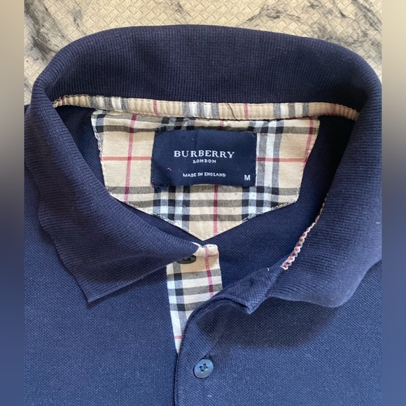 Mens BURBERRY Upscale Polo🐴Navy/ Nova Check Details & sleeve LOGO🔥20.5”p-p-MED - Picture 16 of 16